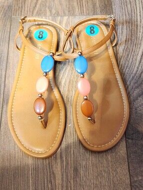Tan Beaded T-Strap Sandals with Blue & Peach Accents